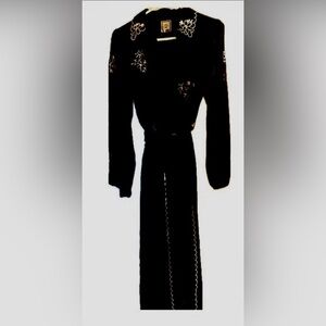 LEA Women’s Long Black Dress with White Flowers Embroidery Size S Slightly sheer